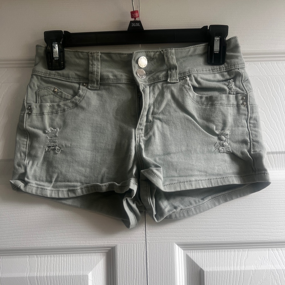 Green Denim Distressed Shorts